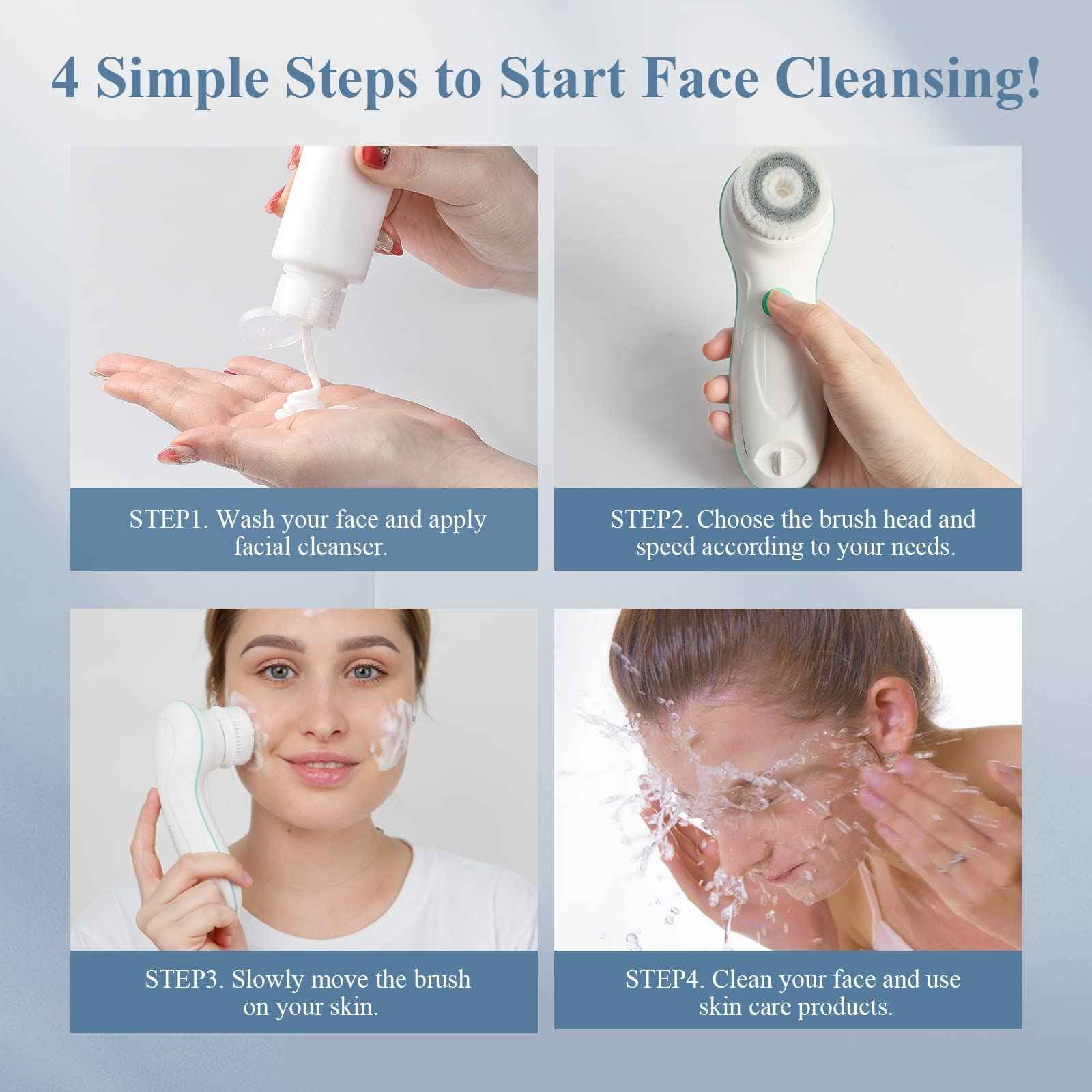 TOUCHBeauty Facial Cleansing Brush Electric, Face Cleansing Brush with Stand, 3 Brush Heads, 2 Speeds, IPX5 Waterproof, Battery-Powered, Suitable for All Skin Types, TB-0759D
