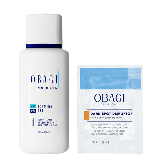 Obagi Nu-Derm Foaming Gel + Dark Spot Disruptor Trial Size – Cleanser Designed to Cleanse Pores & Remove Makeup, Dirt, & Excess Oil, 6.7 oz & Serum that Brightens, Smooths & Soothes Skin, 2 ml