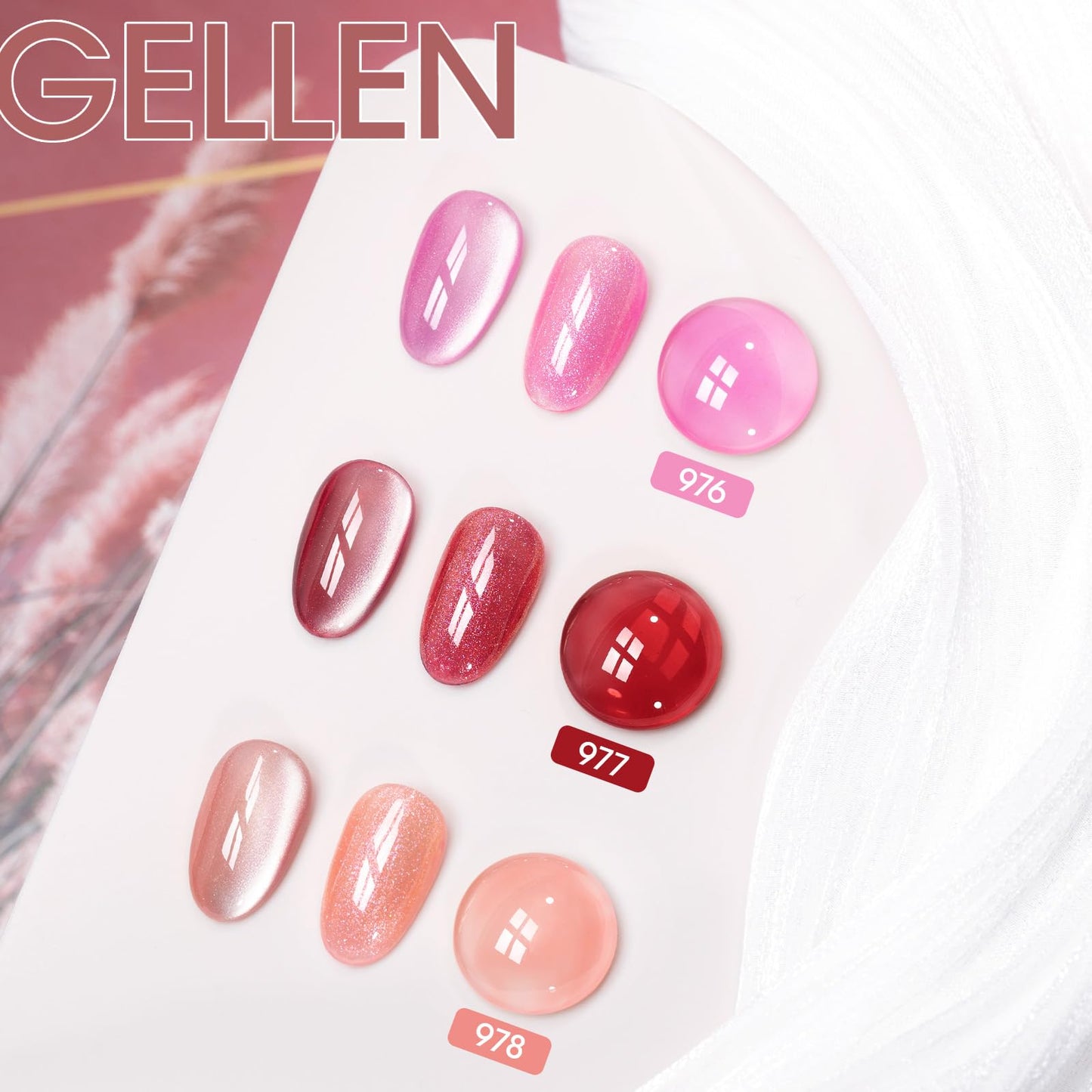 Gellen Gel Nail Polish, 6PCS Jelly Purple Red Pink Gel Polish Set, Soak off U V Gel Nail Polish Kit, Including Clear Cat Eye Gel Polish Blooming Effect Gel Polish, Color Numbers 976,977,978,988,993