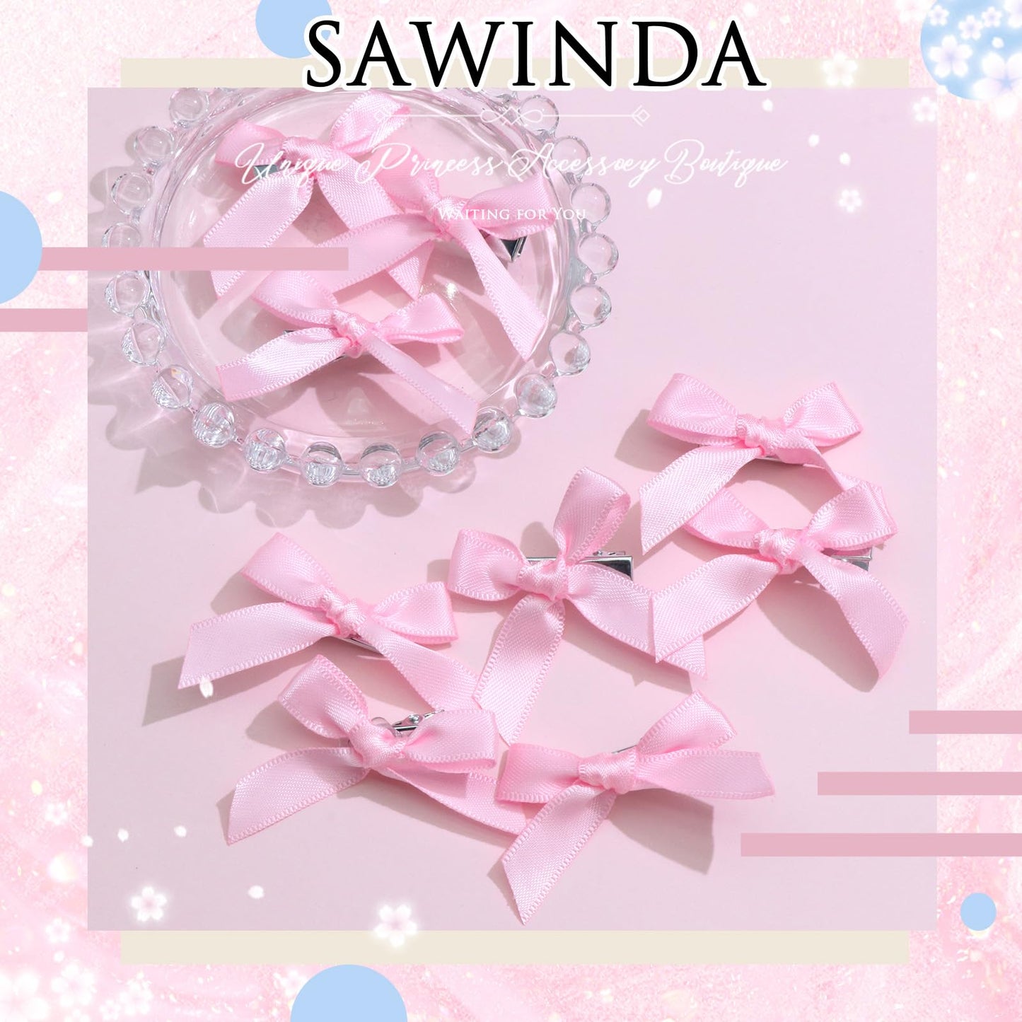 SAWINDA 20PCS Pink Mini Bowknot Ribbon Barrettes - Cute Claw Clips for Teens, Women & Girls' Hair Accessories