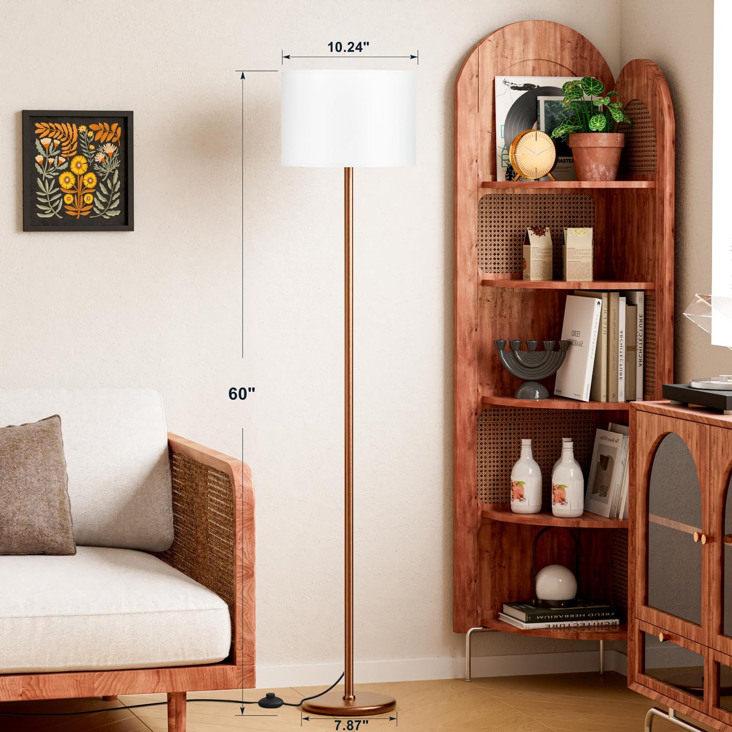 Ambimall 60'' Modern Floor Lamp with Shade, Tall Lamps for Living Room, Bedroom, Office, Dining Room, White Shade with Brown Pole(Without Bulb)