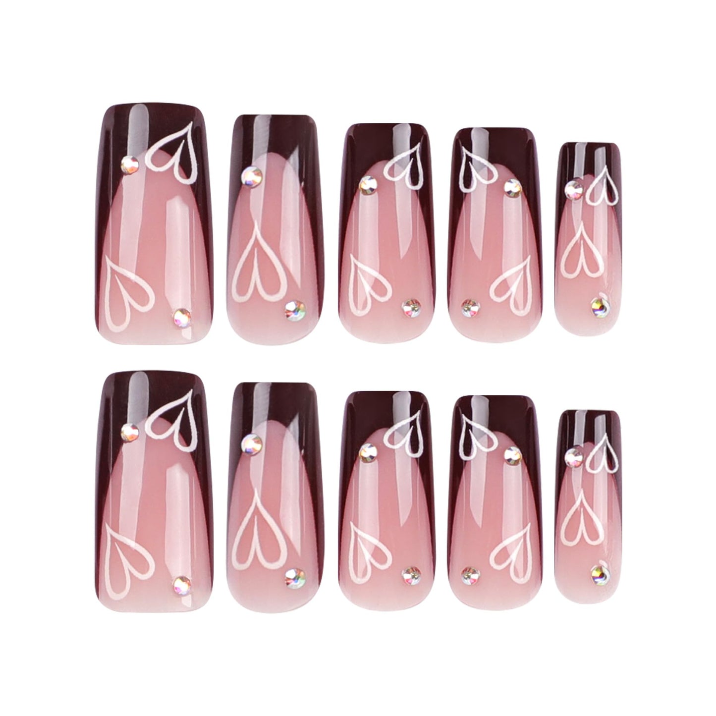 24Pcs Valentines Press on Nails Long, RTKHFZE Square Fake Nails French Tip Glue on Nails with Heart/Love Designs Rhinestones False Nails Glossy Acrylic Nails Stick on Nails for Women