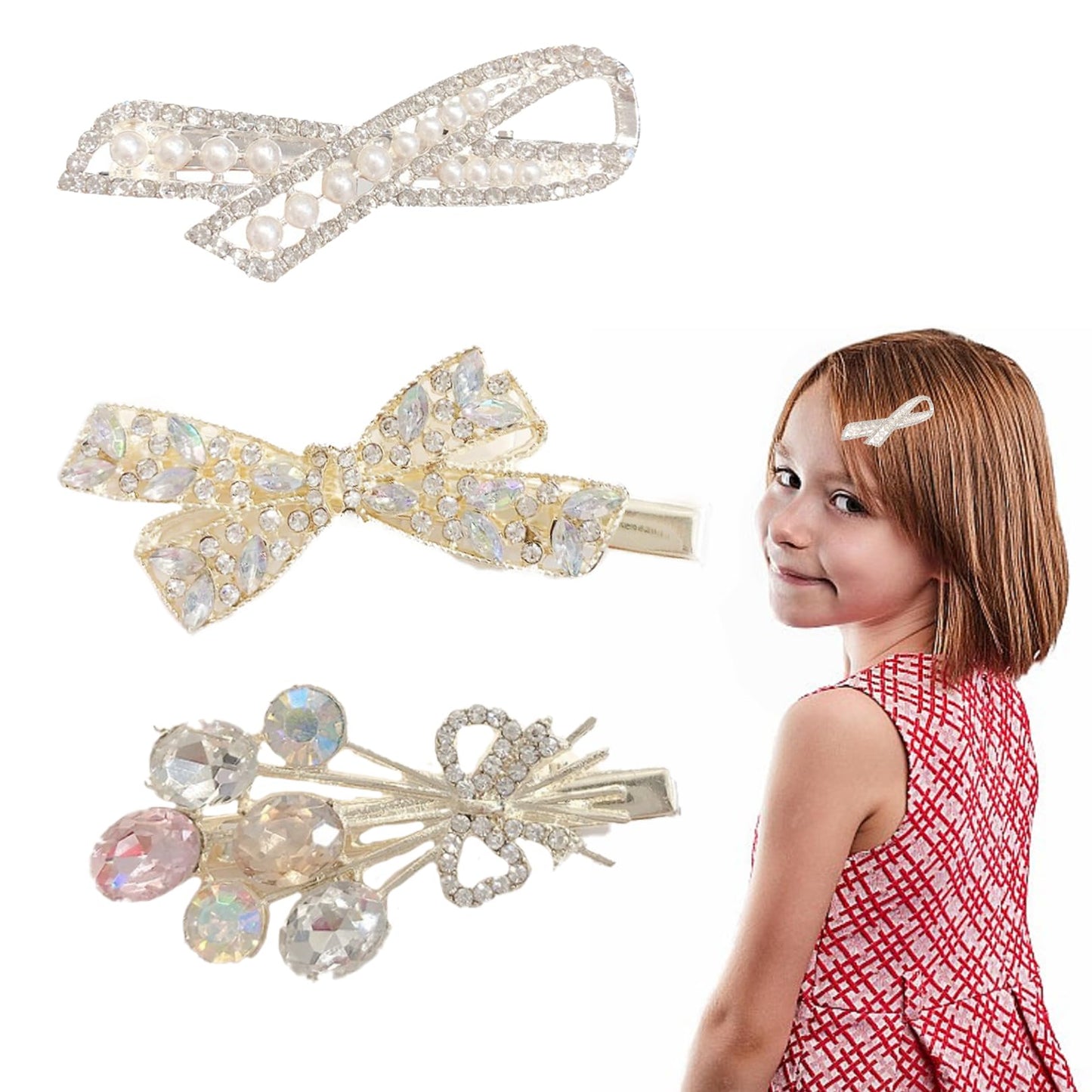 Pearl Rhinestone Hair Bow Clips for Girls - 3Pcs Crystal Metal Alligator Hair Clips Sweet White Pearl Bow Hair Barrette Hairpin Headwear Sparkling Hair Accessories for Women Girls Wedding Bride Gifts