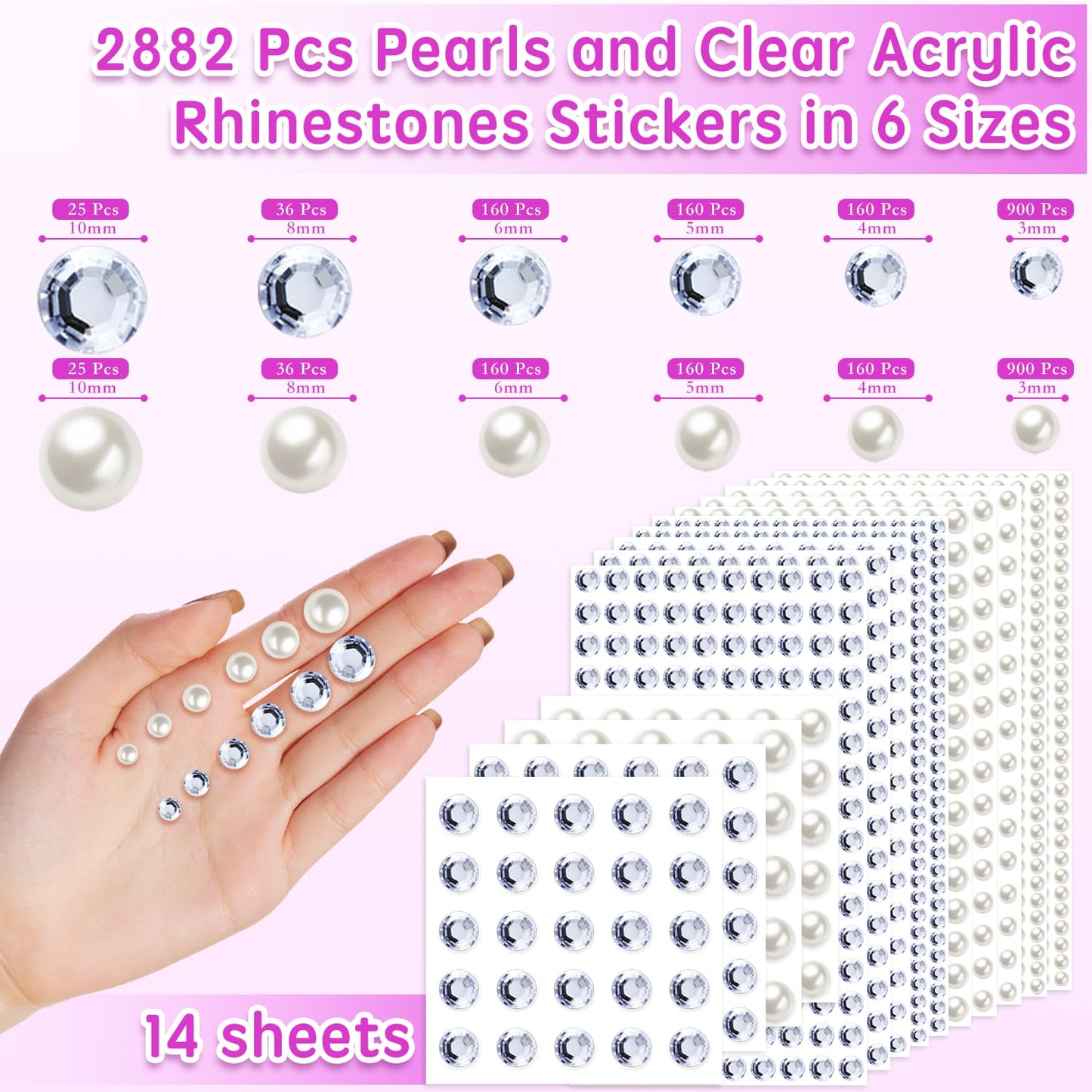 2882 Pcs Hair Gems and Hair Pearls Self Adhesive Hair Jewels Stick on, Face Jewels Hair Rhinestones Stickers Eye Jewels with Glue for Makeup, Tweezer, 3/4/5/6/8/10mm