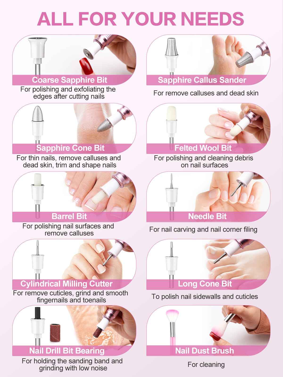 Subay Professional Manicure Pedicure Kit, Electric Nail Drill Set with LED Display, 25000RPM, 11-Piece Attachments Plus 20 Sanding Bands, Nail Grinder Tool for Women Men Baby Pets, with Dust Brush