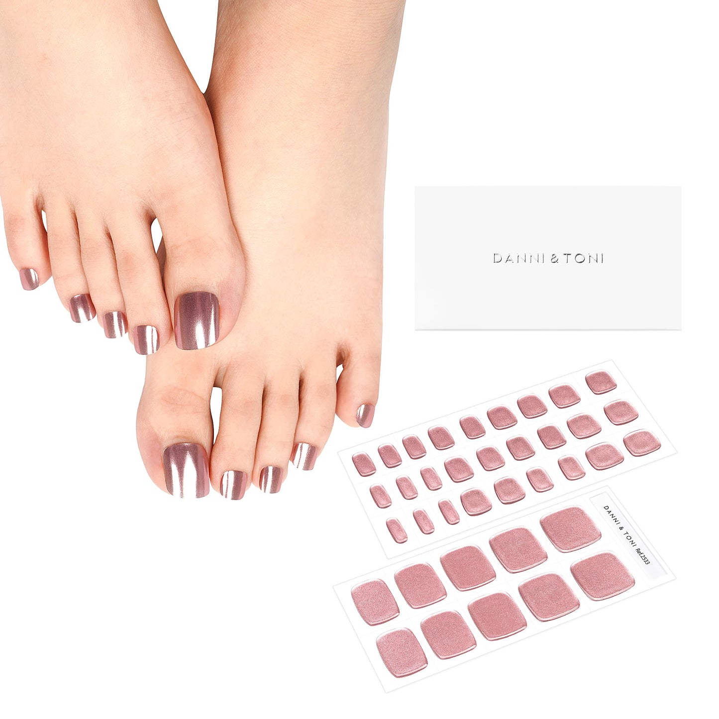 DANNI & TONI Semi Cured Gel Toenail Strips Rose Gold (Champagne Shine) Mirror Gel Toenail Stickers Metalic Gel Pedi Wraps 37 Stickers