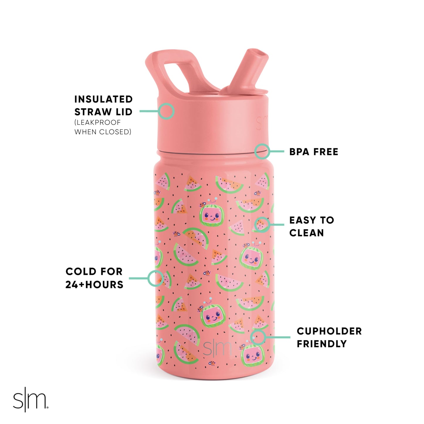 Simple Modern CoComelon Kids Water Bottle with Straw Lid | Insulated Stainless Steel Reusable Tumbler for Toddlers, Girls | Summit Collection | 14oz, CoComelon Pink Melon