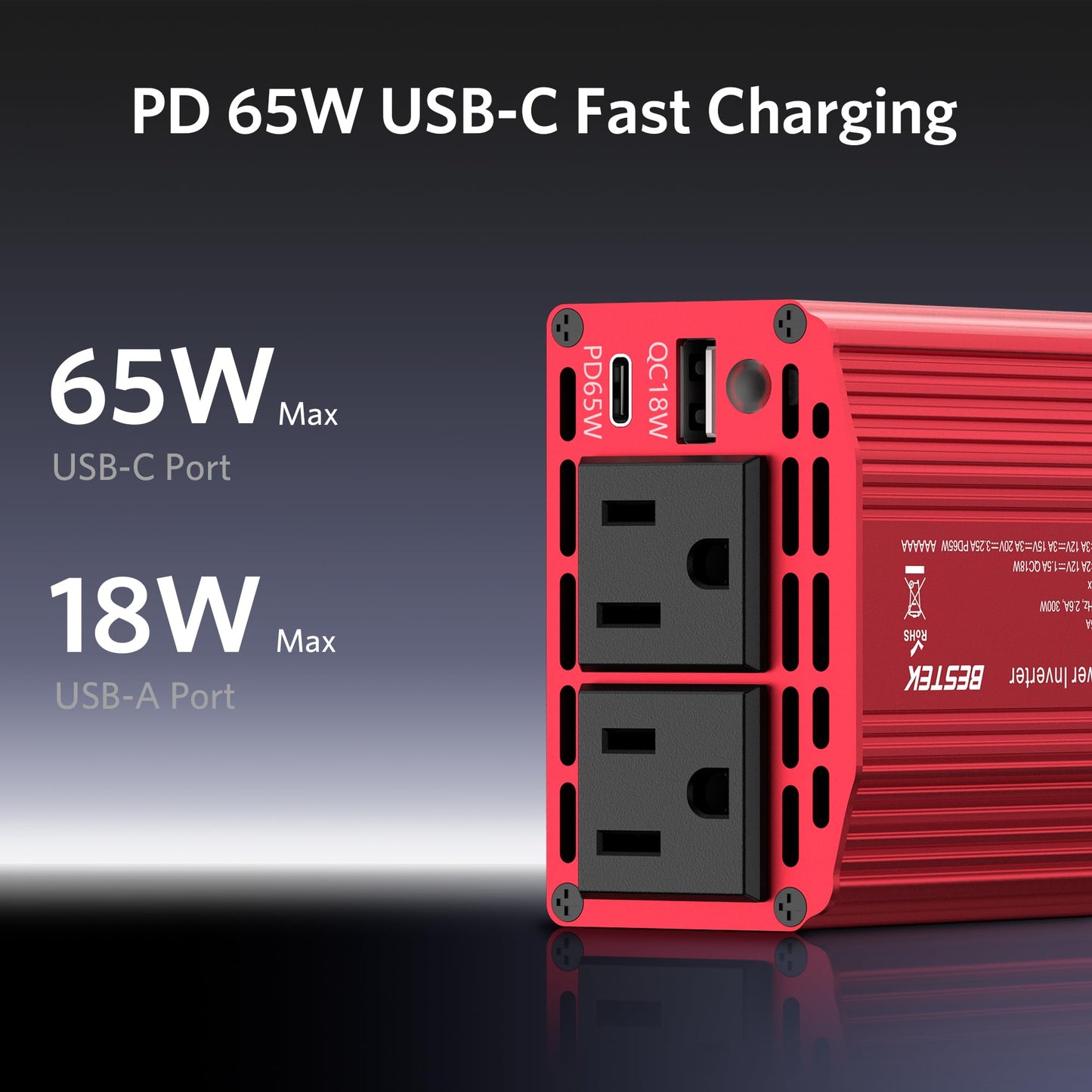 BESTEK 300W Car Power Inverter with 65W USB-C and QC3.0 Ports - 12V DC to 110V AC Converter for Vehicles with Multi-Protection - Red