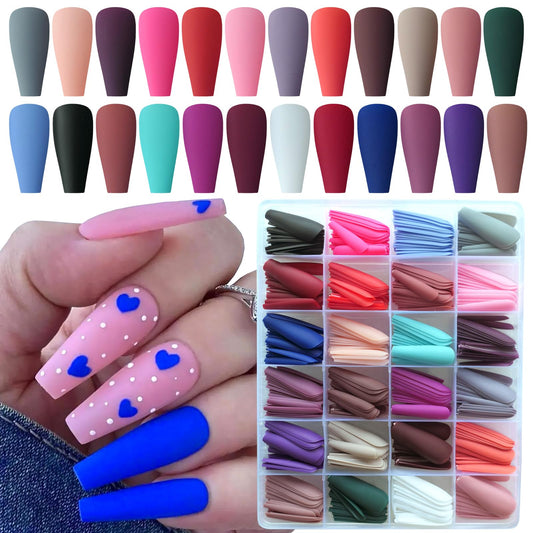 LoveOurHome 576pc Matte Coffin Press on Nails Long Ballerina Fake Nails Full Cover Colored Artificial False Fingernails French Tips Acrylic Manicure Decor 24 Colors with Case for Women Teen Girls