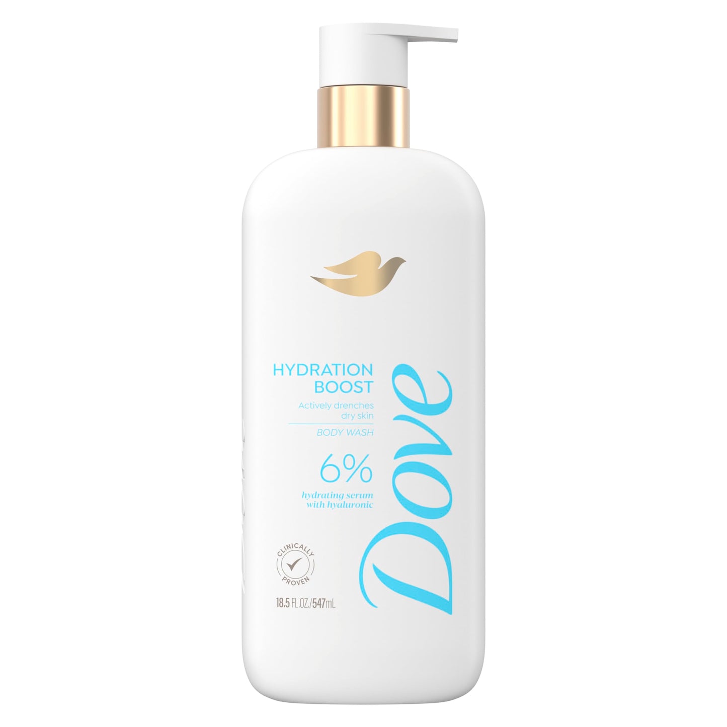 Dove Body Wash Hydration Boost Actively drenches dry skin 6% hydration serum with hyaluronic 18.5 oz & Body Wash Exfoliate Away Micro-polishes for silkier skin 4% refining serum with AHA 18.5 oz