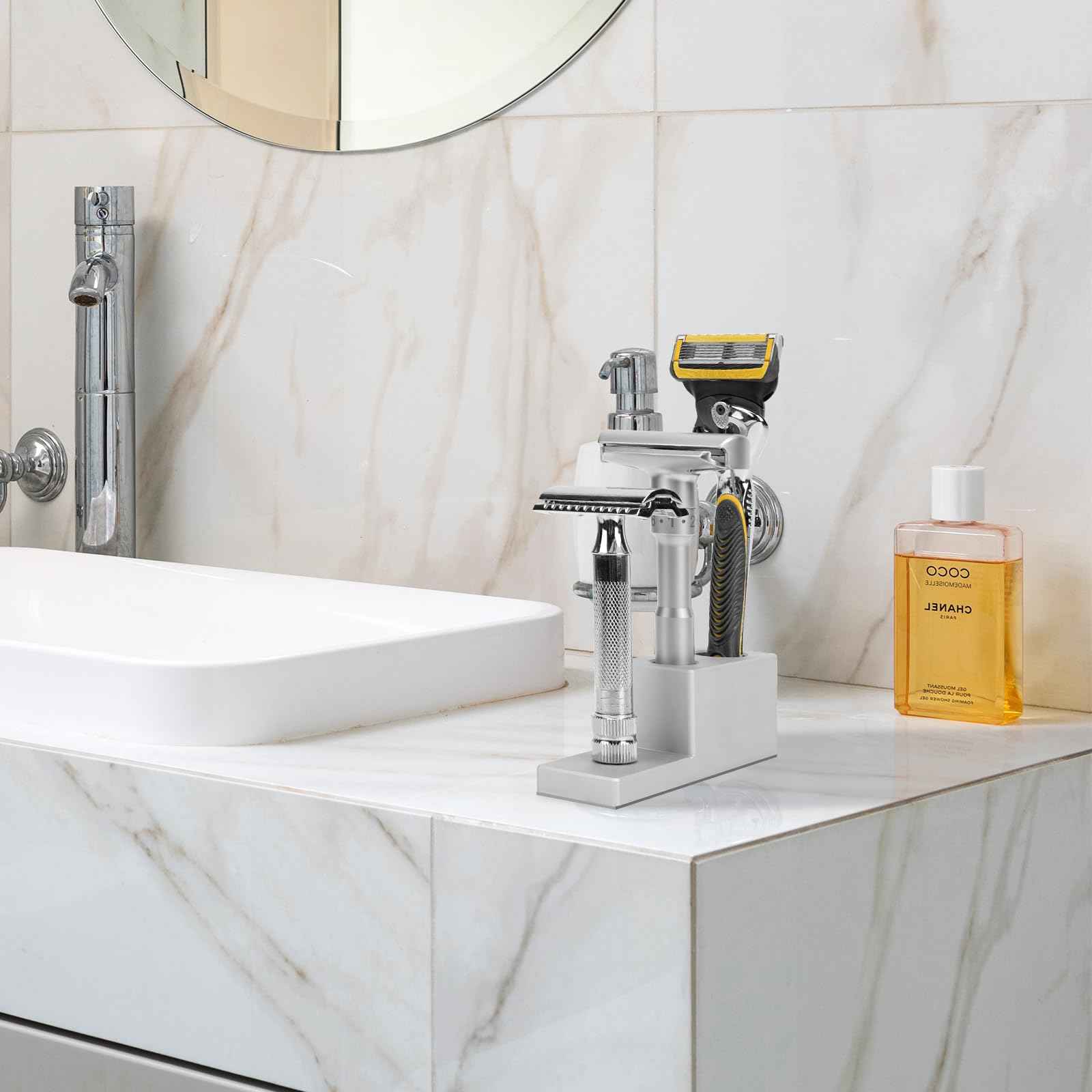 Linkidea Aluminum Alloy Razor Stand with Drainage Base , Compatible with Vikings Blade, Merkur Safety Razors, Collector Display Stand & Bathroom Organizer Gift for Men (Silver)