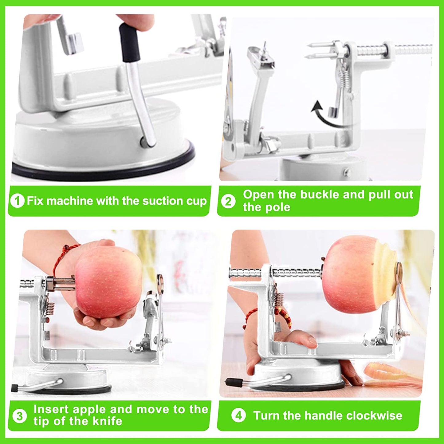 Apple Peeler Corer, Long lasting Chrome Cast Magnesium Alloy Apple Peeler Slicer Corer with Stainless Steel Blades and Powerful Suction Base for Apples and Potato(White)