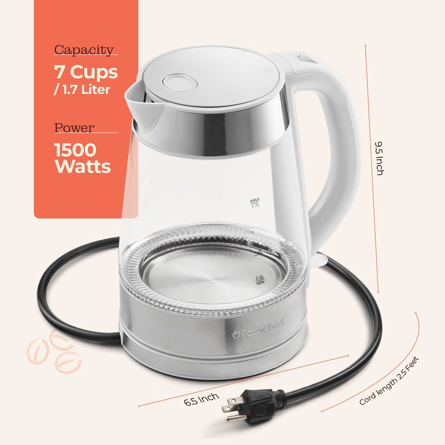 Speed-Boil Water Electric Kettle, 1.7L 1500W, Coffee & Tea Kettle Borosilicate Glass, Water Boiler, Auto Shut-Off, Cool Touch Handle, Base Detachable, LED. 360° Rotation, Boil Dry Protection (White)