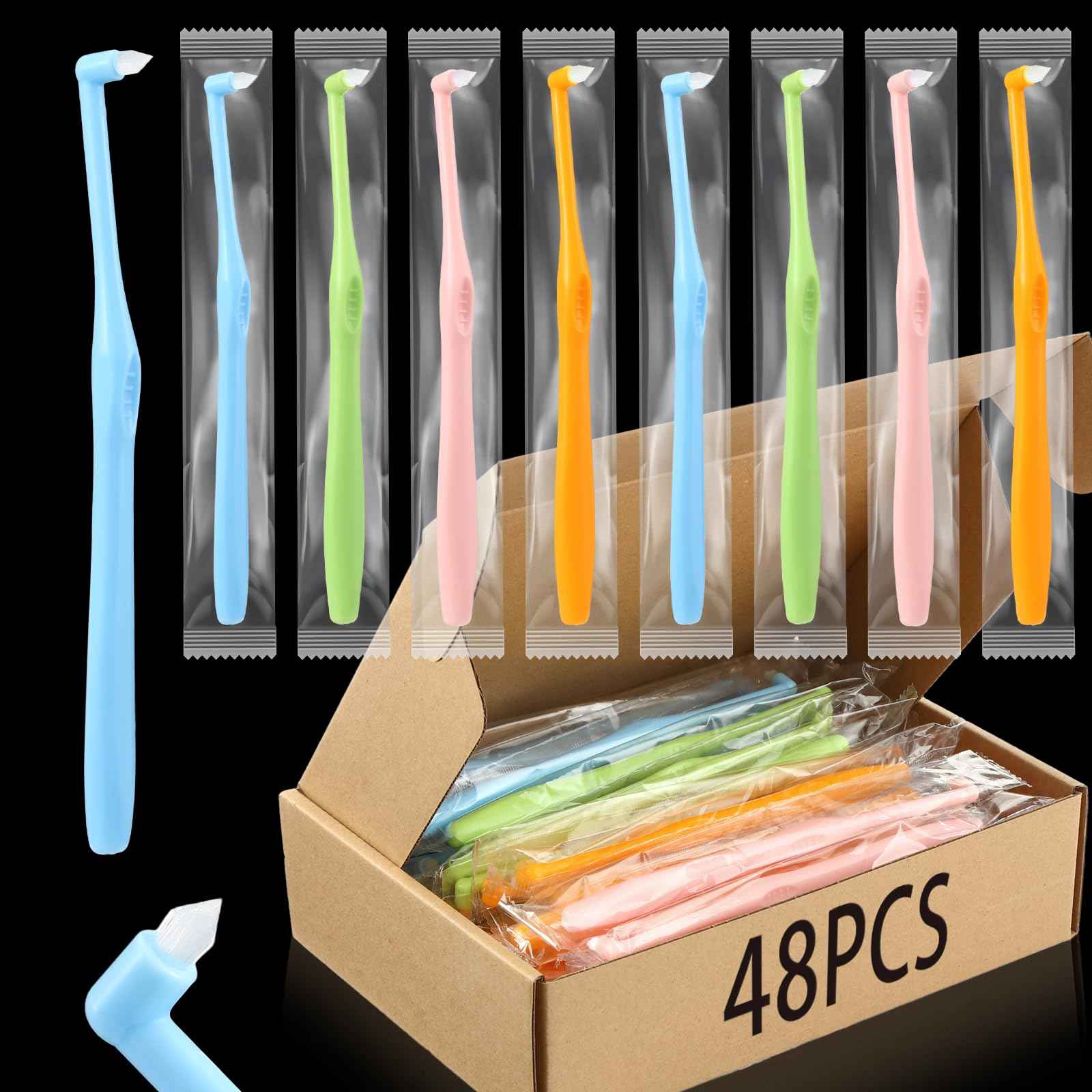 Qinyoung 48 Pcs End Tuft Toothbrush Individually Wrapped Small Head Toothbrush Reusable Orthodontic Brushes for Back Teeth Wisdom Teeth Implants Detail Cleaning, Green Blue Pink and Orange