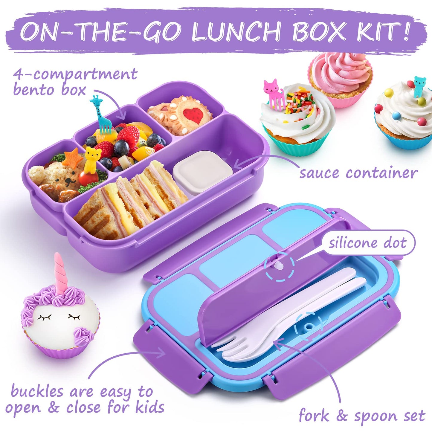 QQKO Bento Lunch Box with 4 Compartments, Sauce Container, Utensils, Food Picks and Muffin Cups for School - Purple