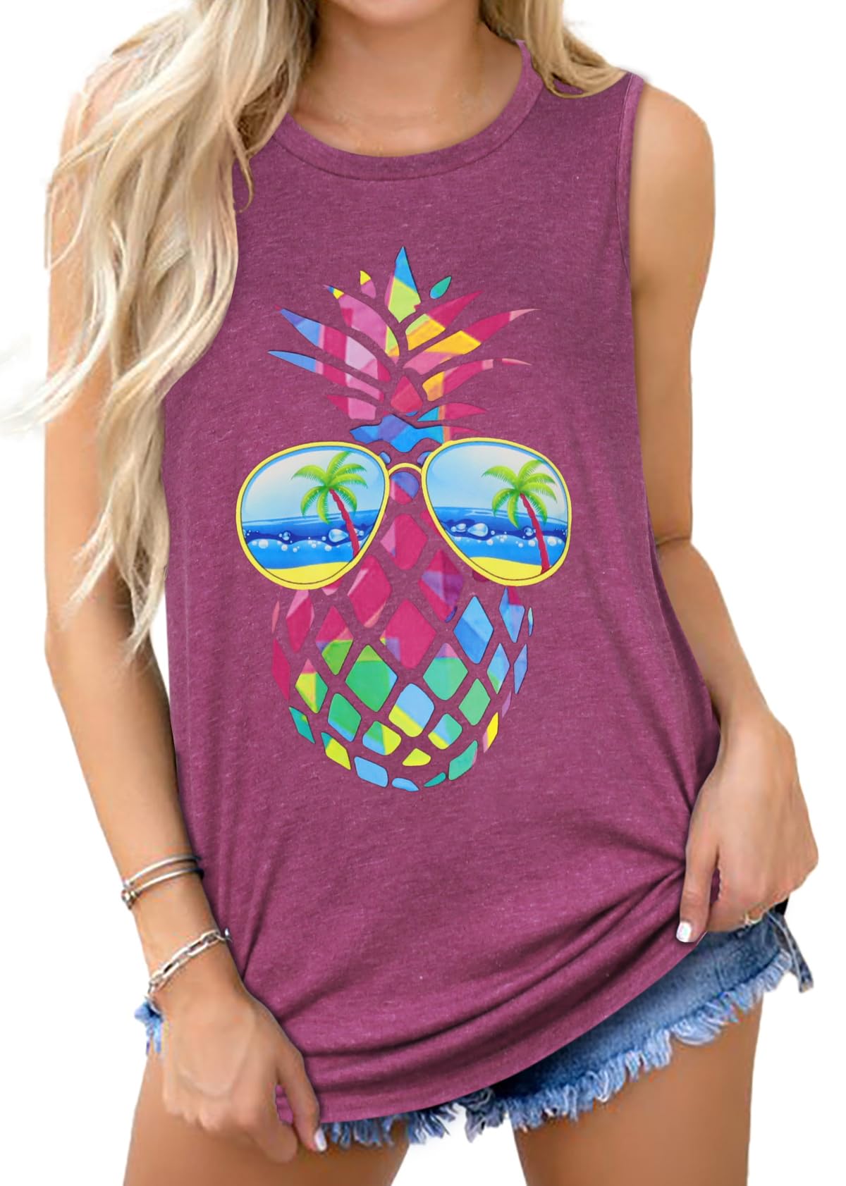 Womens Summer Tops Sleeveless Tank Top Crew Neck Loose Fit Tunic Shirts Blouse (Purple Pineapple, S)