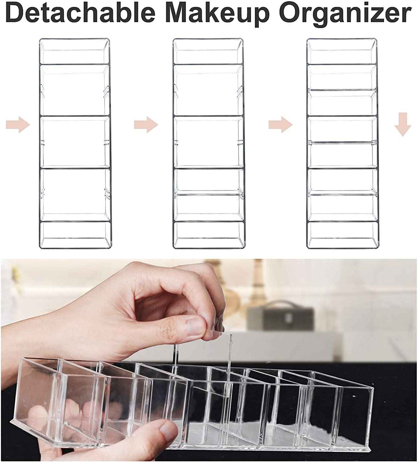 Seitop 2 Pack Detachable Makeup Organizer, 8 Compartments Acrylic Cosmetic Storage Jewelry Display Boxes, Clear Drawer Organizers Case for Dresser Vanity Bathroom Kitchen