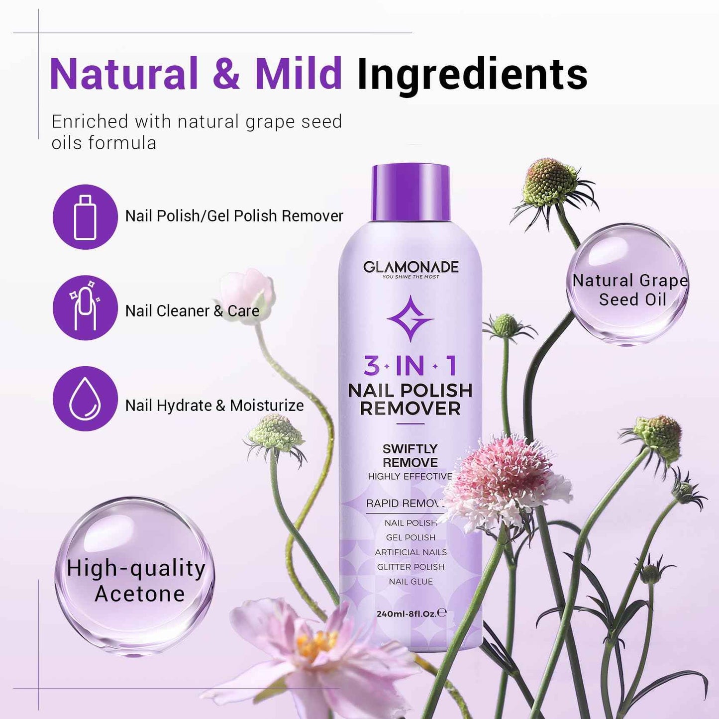 Glamonade Acetone Nail Polish Remover Kit: Soak off Gel Polish Remover Includes Nail File, Nail Buffer Block, Cuticle Pusher, Cuticle Peeler, Nail Polish Soak Off Bowl & Cuticle Oil(8 Fl.Oz.)