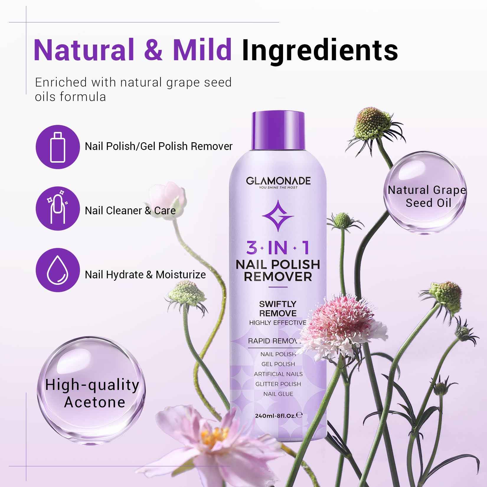 Glamonade Acetone Nail Polish Remover Kit: Soak off Gel Polish Remover Includes Nail File, Nail Buffer Block, Cuticle Pusher, Cuticle Peeler, Nail Polish Soak Off Bowl & Cuticle Oil(8 Fl.Oz.)