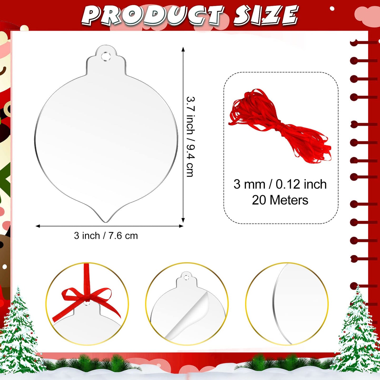 100 Pack Clear Round Acrylic Christmas Ornaments with Red Ribbon Christmas Clear Acrylic Ornaments DIY Blank Round Acrylic Ornament for Christmas Bauble Tree Decoration(Lantern)