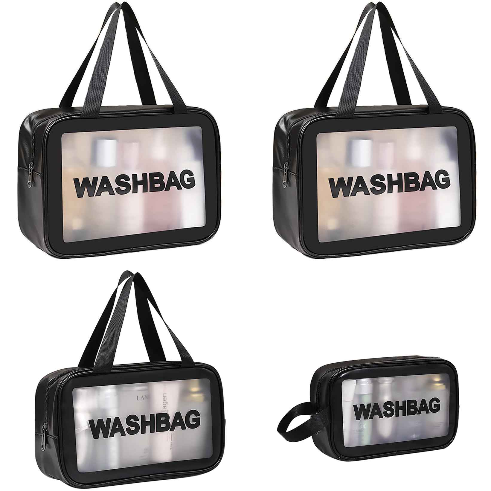DAPOWER 4 PCS Travel Toiletry Bag for Women and Men, Matte Translucent Shower Bag with Handy Handle, Makeup Cosmetic Organizer Bag for Travel Toiletries Accessories (Black)