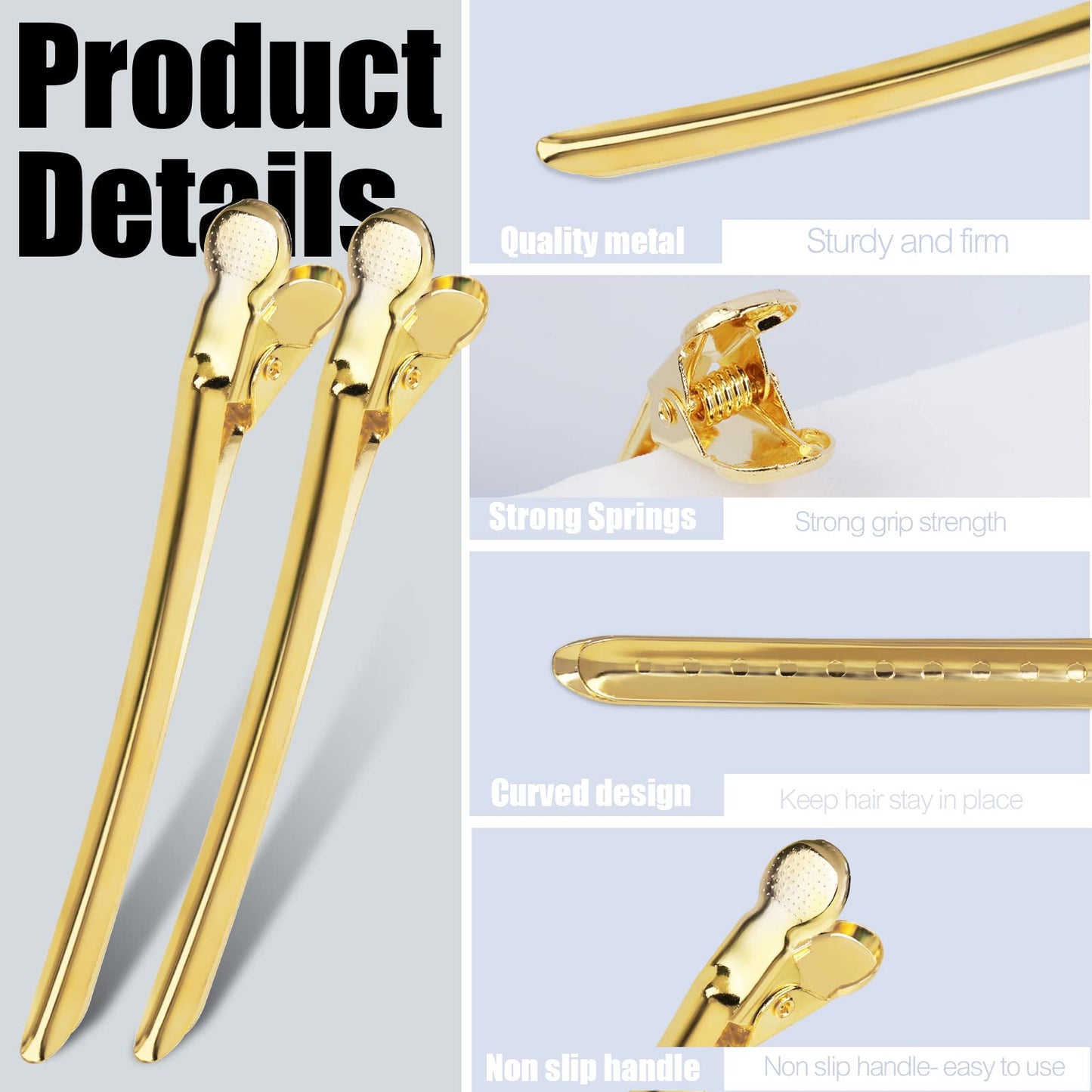 YGDZ 3.5 Inch Metal Duck Billed Clips with Holes - Alligator Curl Clips for Styling, Hair Coloring, Salon Use on Thick Hair Rollers, Gold