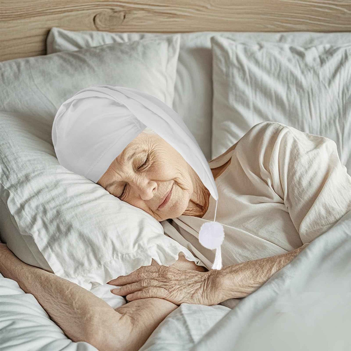 cnomg 2pcs Men's Night Sleeping Cap Adjustable Pajama Cap with Pom Ball and Tassel Women Daily Use (US, Alpha, Medium, White, lighht Blue)