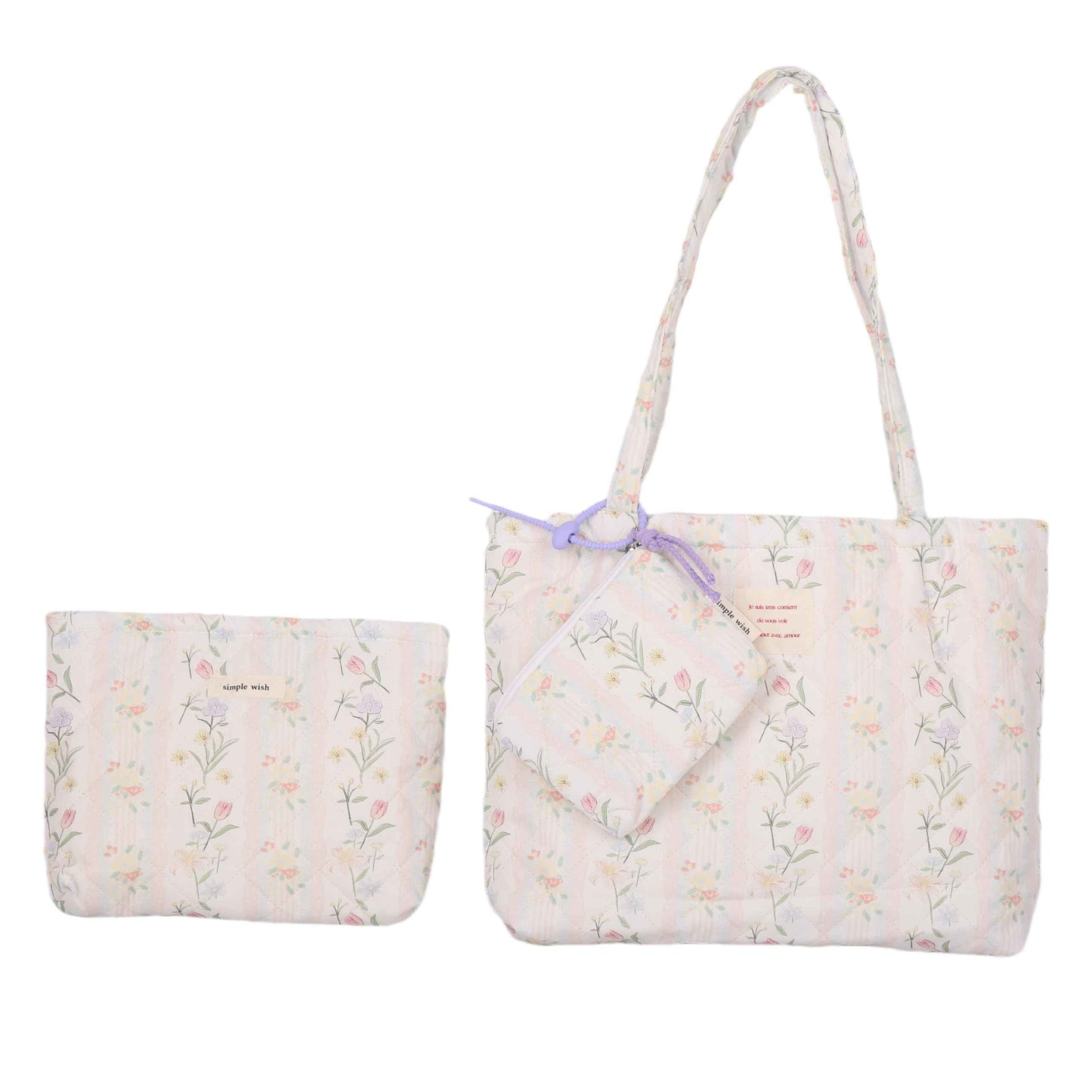 MSGHER Floral Quilted Cotton Shoulder Bag Set 3-in-1 Handbag with Matching Mini Pouch Cosmetic Bag Large Capacity Tote A053 (Striped floral)