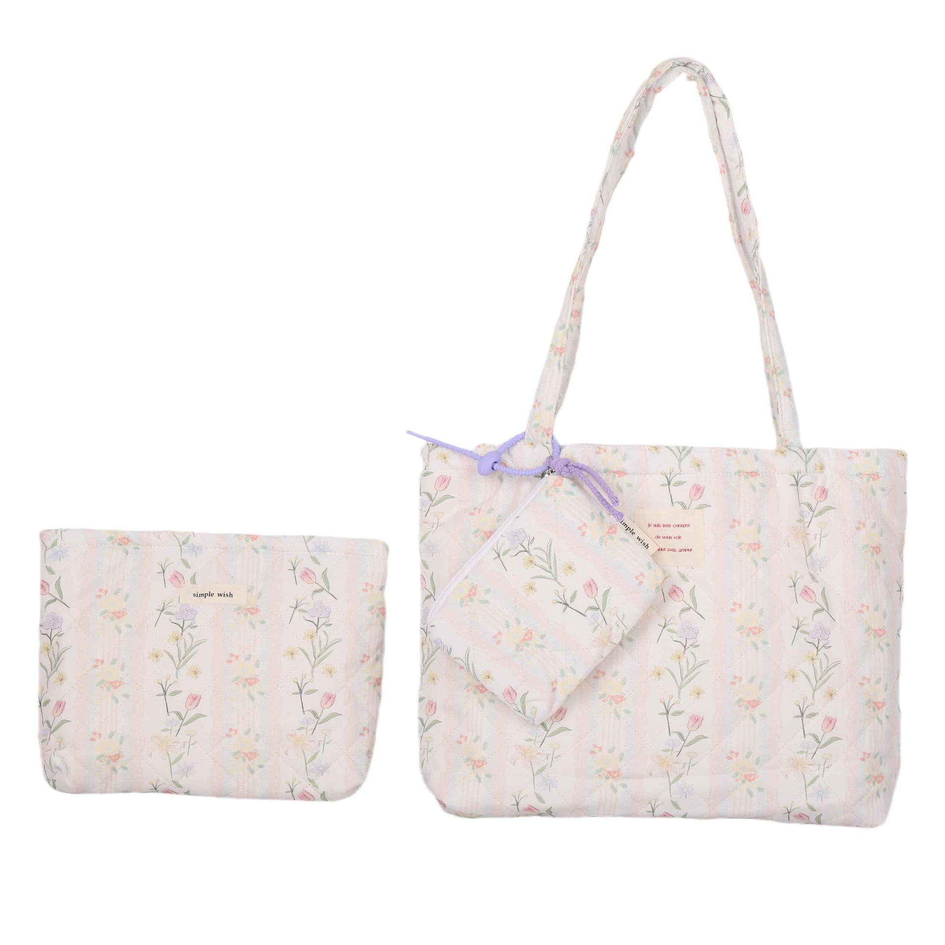 MSGHER Floral Quilted Cotton Shoulder Bag Set 3-in-1 Handbag with Matching Mini Pouch Cosmetic Bag Large Capacity Tote A053 (Striped floral)