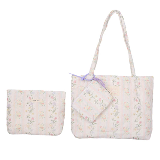 MSGHER Floral Quilted Cotton Shoulder Bag Set 3-in-1 Handbag with Matching Mini Pouch Cosmetic Bag Large Capacity Tote A053 (Striped floral)