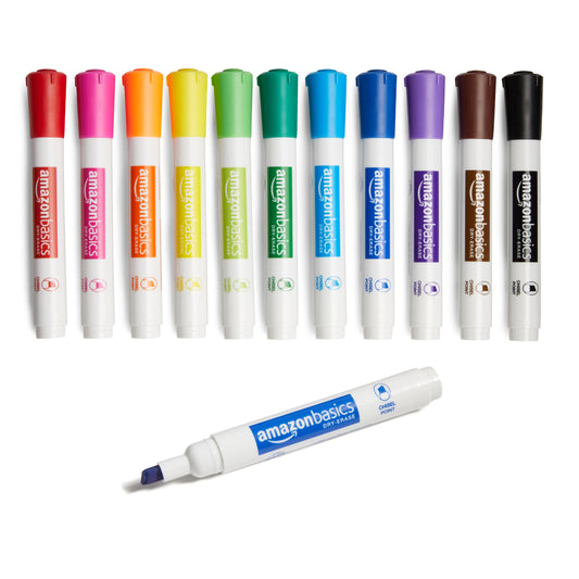 Amazon Basics Low-Odor Chisel Tip Dry Erase Whiteboard Marker, Pack of 12, Assorted Colors