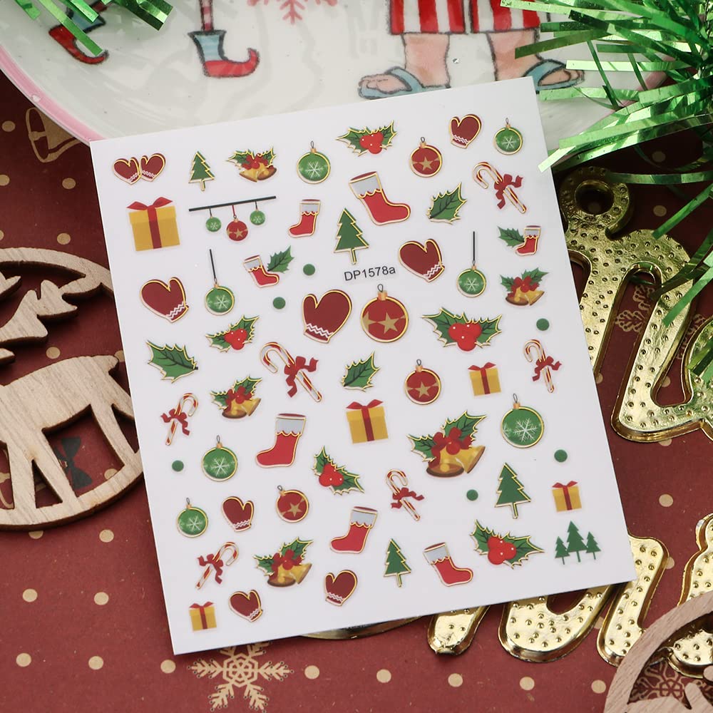 8 Sheets Christmas Nail Stickers, 3D Self-Adhesive Holiday Stickers, Santa Claus Snowflake Snowman Bird Bell Christmas Tree Elk Nail Decals, Red Gold Christmas Stickers, Xmas Winter Stickers for Kids