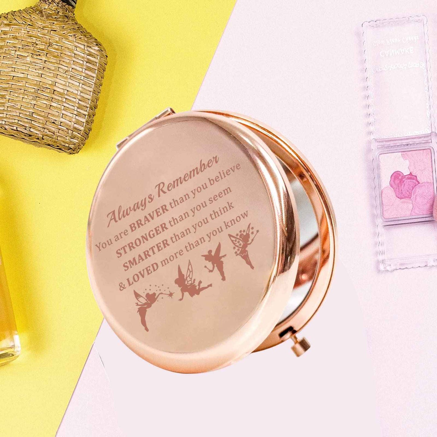 KEYCHIN Fairy Tale Pocket Mirror Fairy Pixie Cartoon Fans Gifts You are Braver Stronger Smarter Than You Think Compact Makeup Mirror for Women Girls Teenagers (Fairy Tale Mirror-RG)