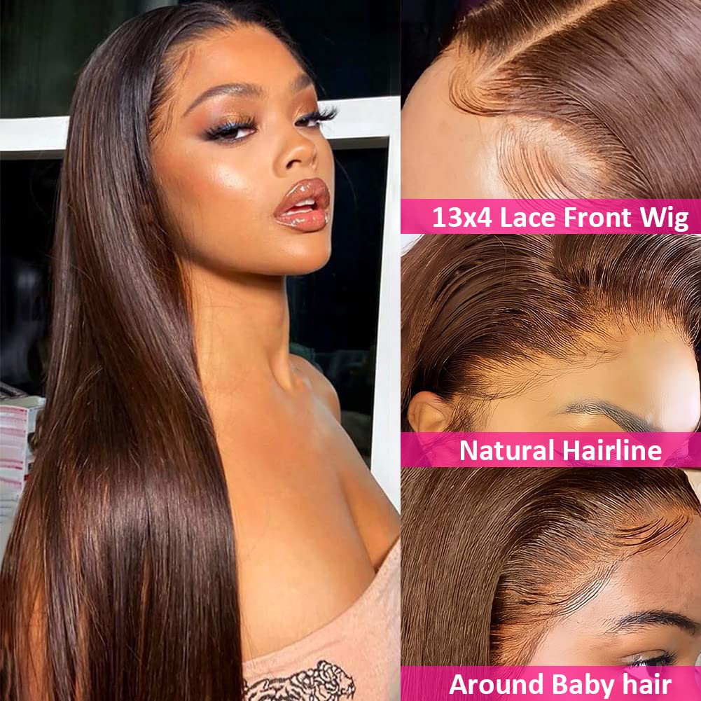 Hermosa 13x4 Chocolate Brown Lace Front Wigs Human Hair with Baby Hair 180 Density Straight Lace Frontal Human Hair Wigs Pre Plucked Hairline 4# Brown Wig 26 Inch