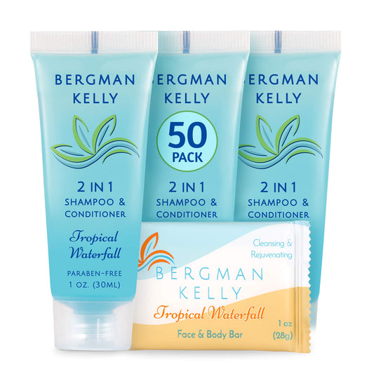 BERGMAN KELLY Rectangle Soap Bars, 2in1 Shampoo & Conditioner 2-Piece Set (Tropical Waterfall, 1 oz ea, 100 pc), Delight Your Guests with Revitalizing & Refreshing Sanitary Toiletries Hotel Amenities