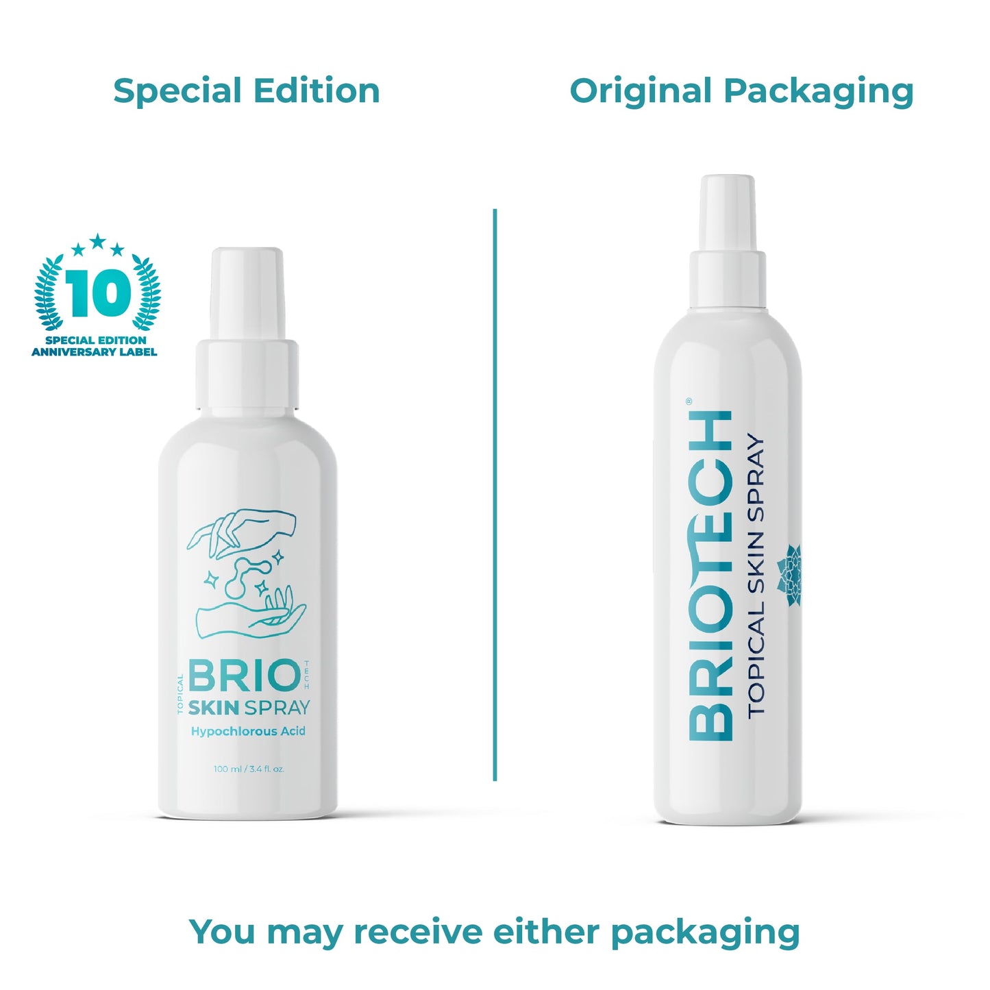 BRIOTECH Topical Skin Spray, Hypochlorous Acid Spray for Body & Face, Eyelid Cleanser, HOCl Facial Mist, Support Against Irritation, Calm Redness, Soothe Foot & Scalp, Packaging May Vary, 3.4 oz, 1 ct