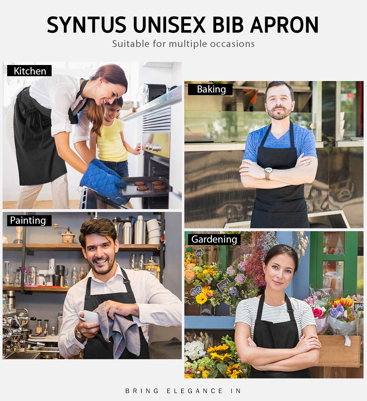 Syntus 2 Pack Adjustable Bib Apron Thicker Version Waterdrop Resistant with 2 Pockets Cooking Kitchen Aprons for Women Men Chef, Black