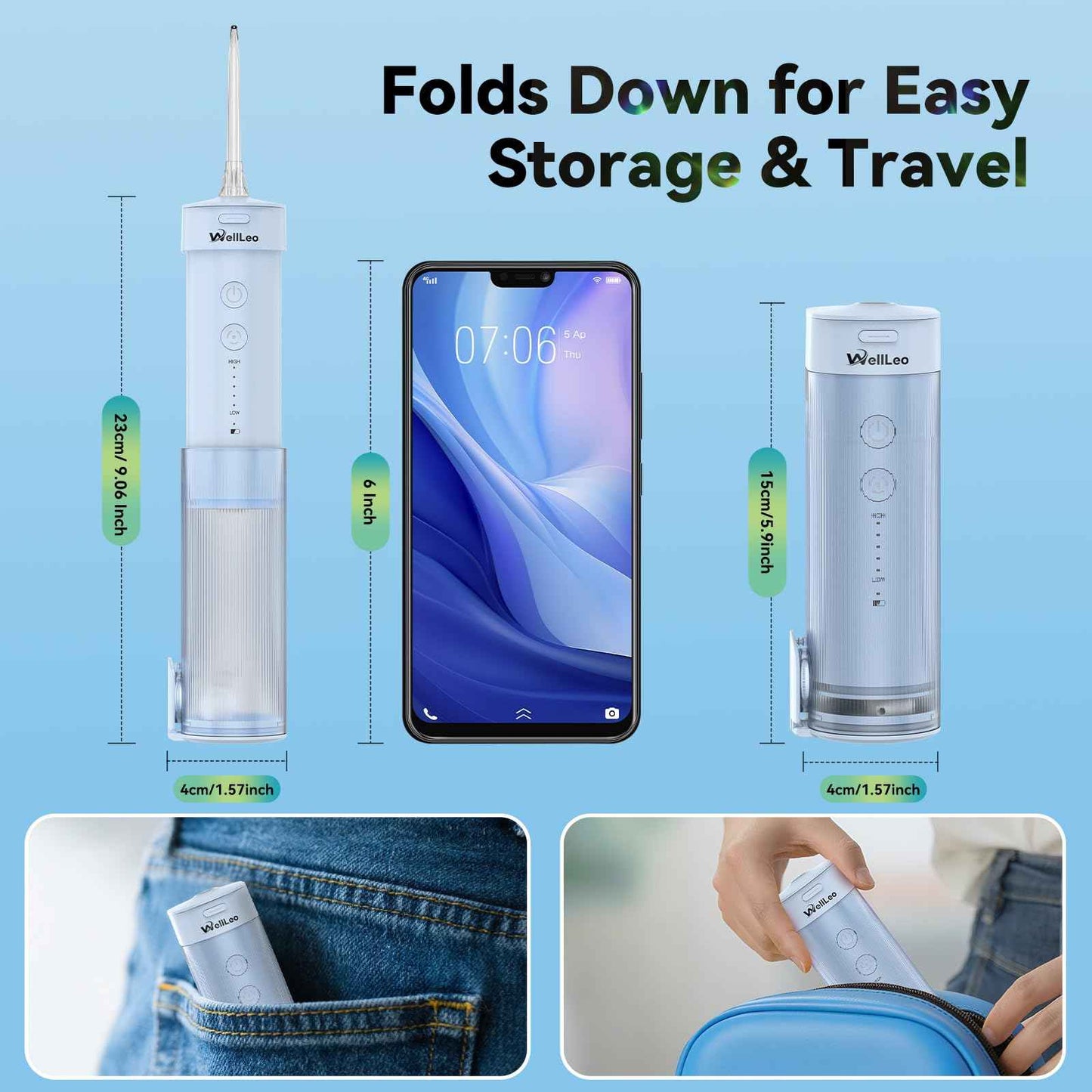 WellLeo Mini Water Flosser for Teeth,Travel Dental Flosser Picks, Portable Oral Irrigator with Telescopic Water Tank, 5 Modes IPX7 Waterproof Tooth Flosser for Brace, Sensitive Teeth, with Storage Bag