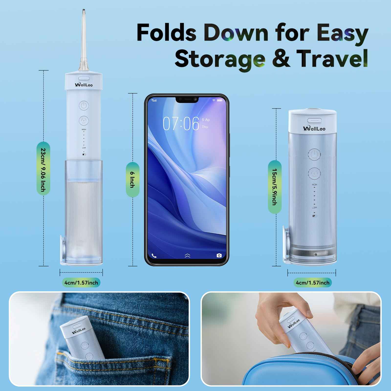 WellLeo Mini Water Flosser for Teeth,Travel Dental Flosser Picks, Portable Oral Irrigator with Telescopic Water Tank, 5 Modes IPX7 Waterproof Tooth Flosser for Brace, Sensitive Teeth, with Storage Bag