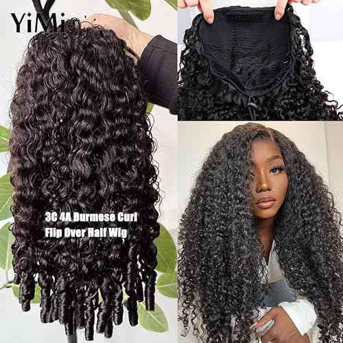 Half Wig Human Hair for Women 12 Inch Burmese Curly Glueless Clip-In Wigs 250% Density 3 IN 1 Half Wigs Flip Over Beginner Friendly Go Drawstring Wig No Glue No Sew Natural Color & Easy Install