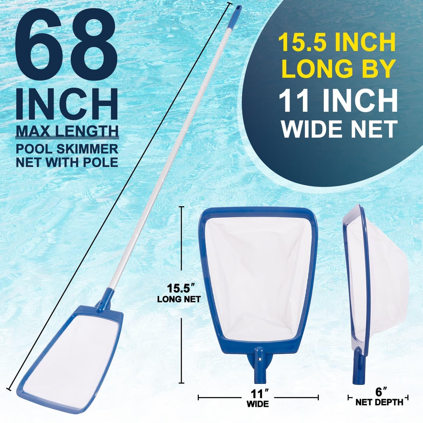 POOLAZA Pool Skimmer Net with Pole, Ultra Fine Mesh Pool Nets for Cleaning with Pole, Semi-deep Pool Net Skimmer with 68'' Thickened Aluminum Pole, Pool Leaf Net for Above Ground Pool, Spa & Hot Tub