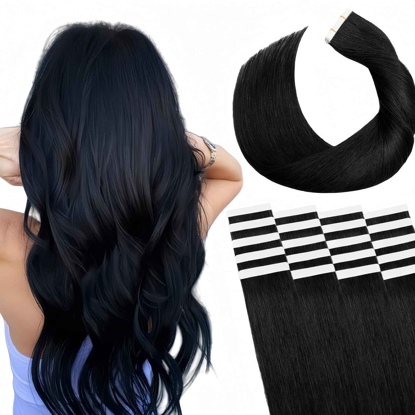 Tape in Hair Extensions Human Hair Utra Thin Invisible Seamless 20pcs 50g (Jet Black, 20 inch)