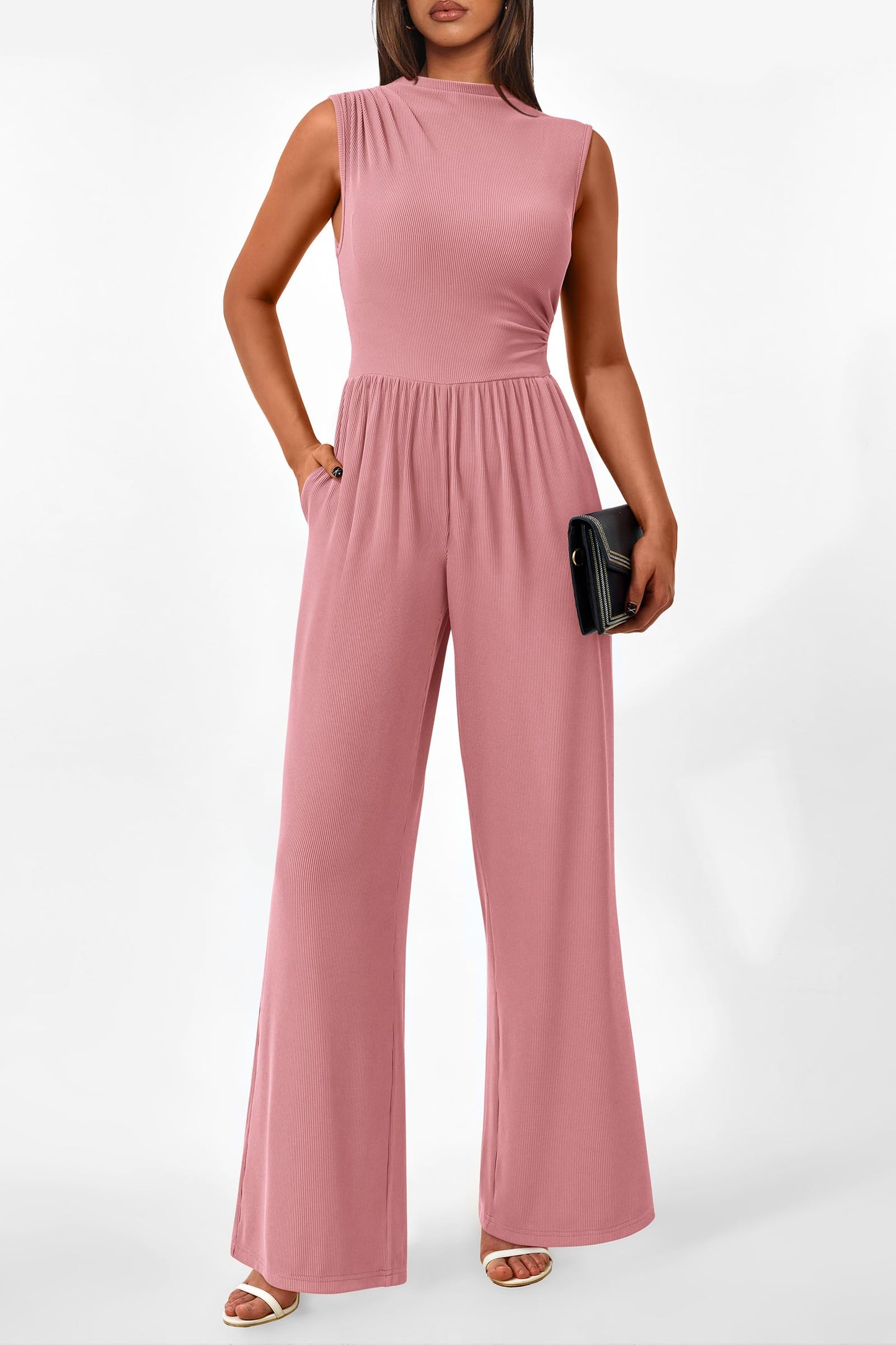 PRETTYGARDEN Womens Summer Jumpsuits Dressy Casual One Piece Outfits Sleeveless Mock Neck Wide Leg Pants Rompers with Pockets (Style2-Dusty Pink,Small)