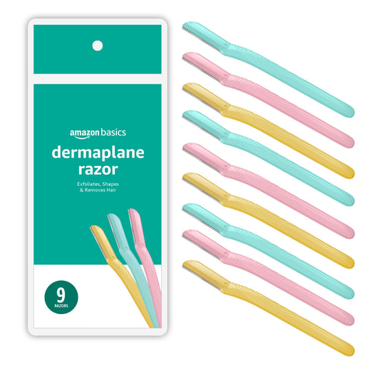Amazon Basics Women's Multipurpose Exfoliating Dermaplaning Tool, Eyebrow & Facial Razor, Includes Blade Cover, Multicolor, 9 Count