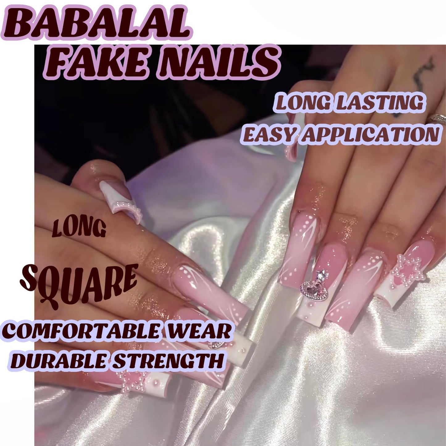 BABALAL French Tip Press on Nails Long Square Fake Nails White Glue on Nails 3d Planet Star Pearl Glitter Charm Shiny Acrylic Nails 24Pcs Squoval Stick on False Nails for Women and Girls