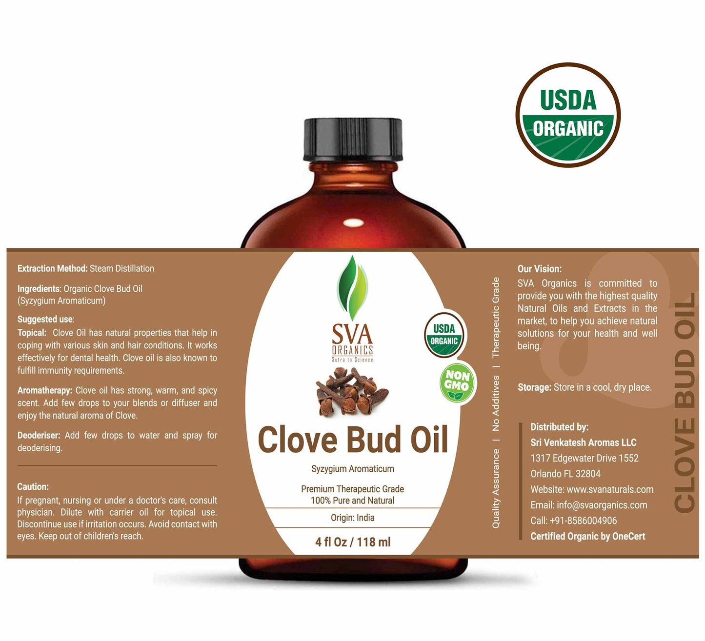 SVA Clove Bud Essential Oil Organic – 4 Fl Oz – 100% Natural Organic Clove Oil - for Diffuser, Hair Care, Face, Skin Care, Aromatherapy, Scalp and Body Massage, Soap and Candle Making - with Dropper