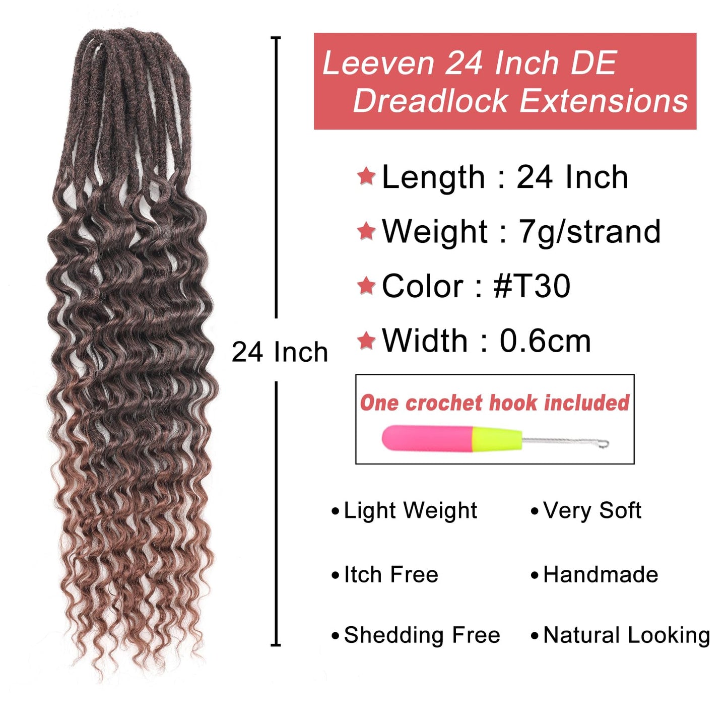 Leeven Wavy Dreadlock Extensions 24 Inch Ombre Brown Double Ended Synthetic Curly Dreads 10 Strands DE Boho Dread Extensions Braid in Handmade Hippie Dreads Thin Wool Dreads for Women Men