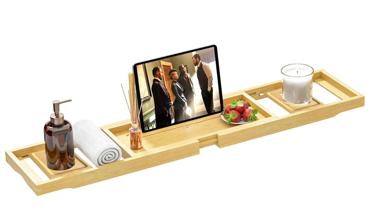 Premium Bathtub Tray - Expandable Bamboo Wooden Bath Trays for Bathub - Bath Tub Table Tray for Bathtub/Tub,Adjustable Size, Fits Most Tubs