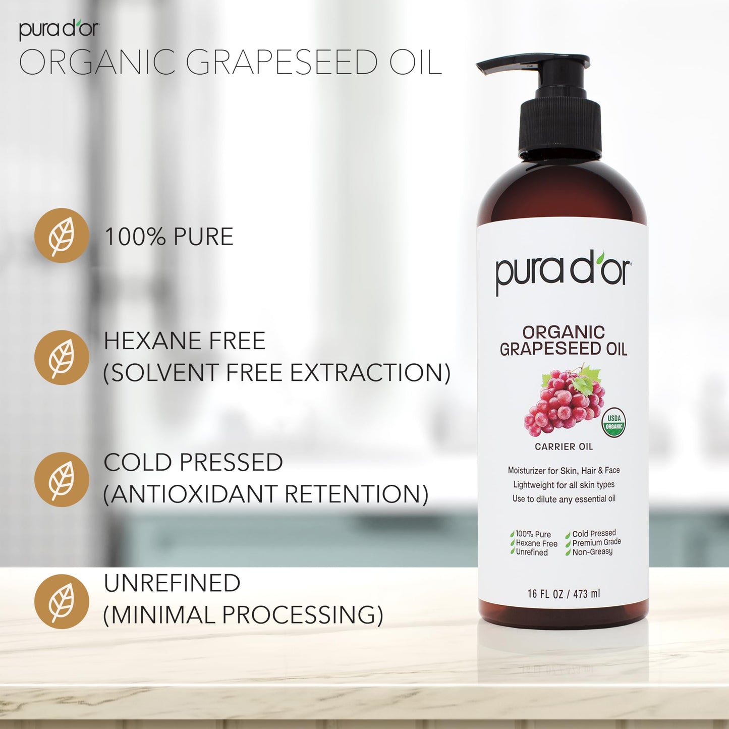 PURA D'OR 16 Oz Organic Grapeseed Oil - 100% Pure & Natural USDA Certified Cold Pressed Carrier Oil - Light & Silky, Unscented, Hexane Free Liquid Moisturizer - Face Skin & Hair - Men & Women