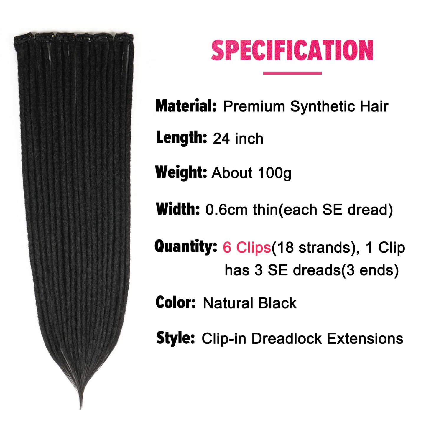 Kyriena Black Clip in Dreadlock Hair Extensions, 6PCS Synthetic SE Clip in Dreads Thin 0.6cm Width, 24 Inch Reggae Hippie Clip in Dreadlocks for Women